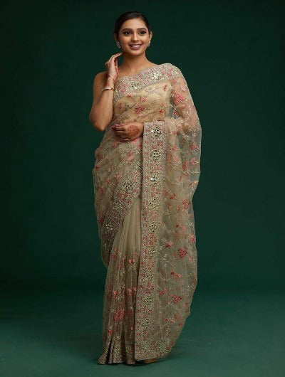 Green Organza Pink saree