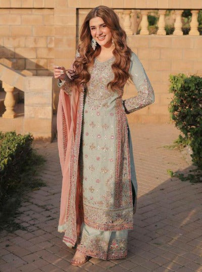 SeaGreen Pink Embroidery Sharara Suit