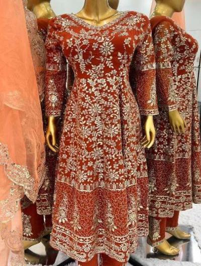 Designer Rust Silver Sequins Anarkali Suit Set