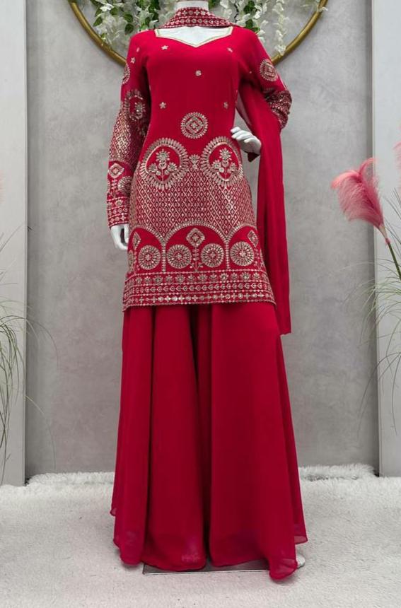 Dark Pink Silver Georgette Embroidery Sharara Suit Set