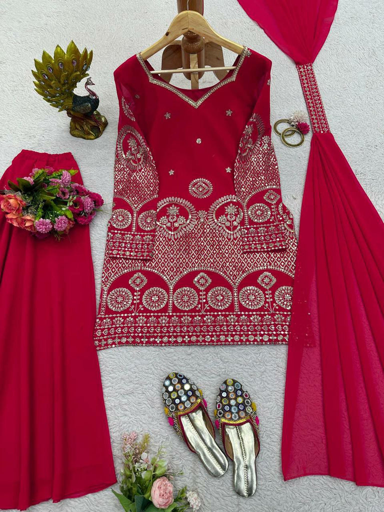 Dark Pink Silver Georgette Embroidery Sharara Suit Set