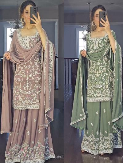 Pastel georgette pink embroidery sharara suit 