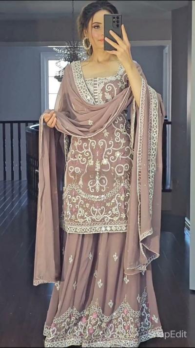 Pastel georgette pink embroidery sharara suit 