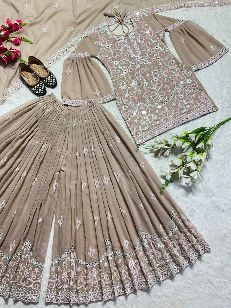 Pastel georgette pink embroidery sharara suit 