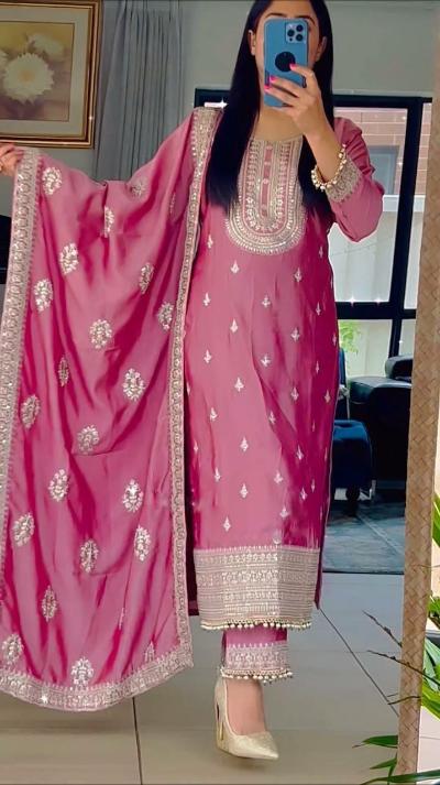 Dark Pink Pink Chinon Silk Salwar Suit Set