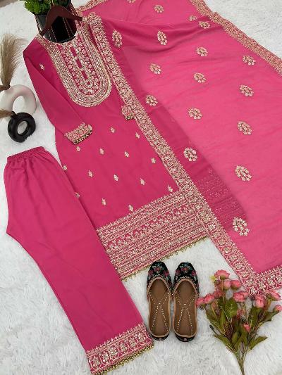 Dark Pink Pink Chinon Silk Salwar Suit Set