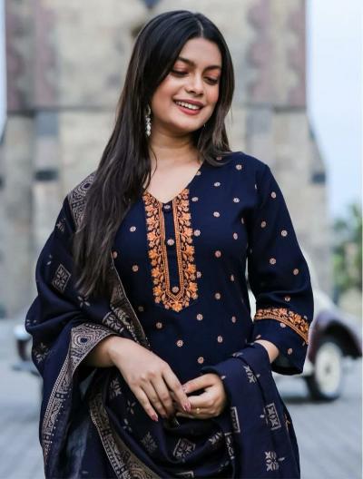 Chanderi Navy Blue Print Salwar Suit Set