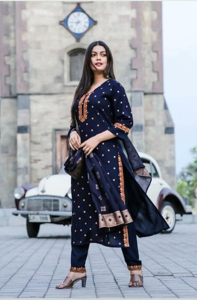 Chanderi Navy Blue Print Salwar Suit Set