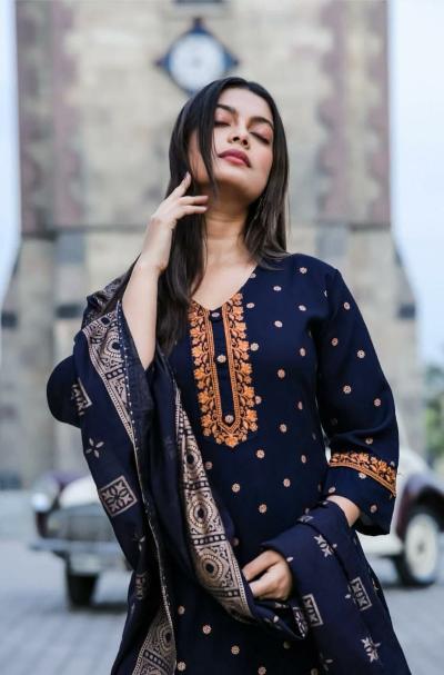 Chanderi Navy Blue Print Salwar Suit Set