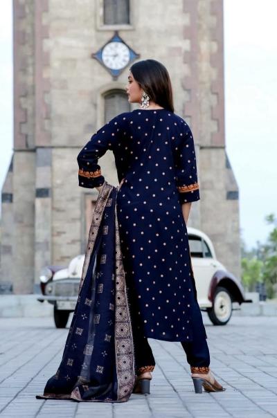 Chanderi Navy Blue Print Salwar Suit Set