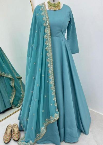 Partywear Chinon Silk Anarkali Gown Dupatta Set2