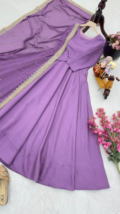 Partywear Chinon Silk Anarkali Gown Dupatta Set1