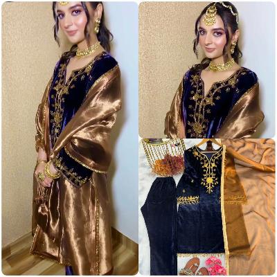 Dark Blue Velvet Embroidery Salwar Suit With Rich Gold Dupatta