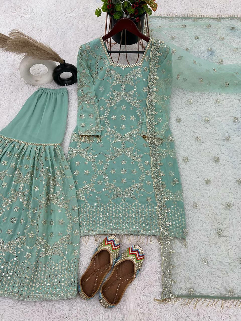 Aqua Green Chinon Silk Embroidered Sharara Suit Set