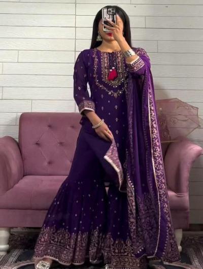 Pastel Purple Georgette Embroidered Sharara Suit Set