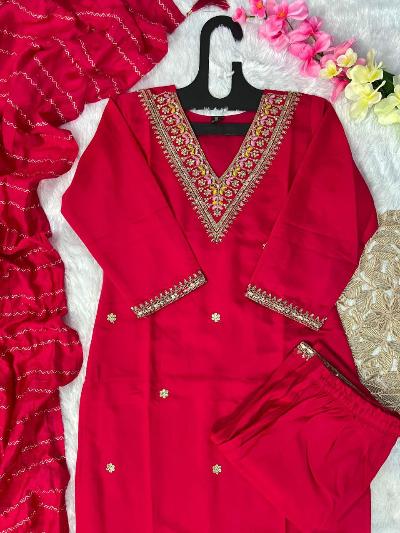 Festive Red Roman Silk Salwar Suit Chanderi Dupatta