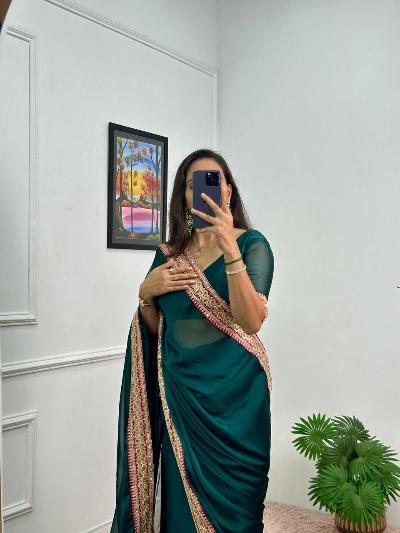 1 Min Predraped Sari with Pocket & Readymade Stitched Blouse 