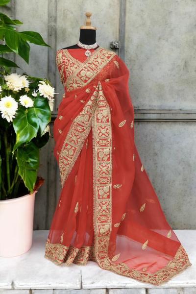 Soft Organza Silk Sari Gold Border