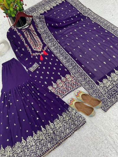 Purple Embroidered Festive Wear Sharara Suit Set