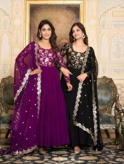 Purple Georgette Silk Zari Sequins Anarkali Dupatta Set Of 2