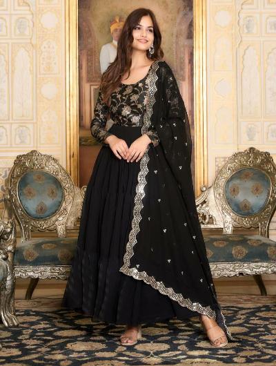 Black Georgette Silk Zari Sequins Anarkali Dupatta Set Of 2