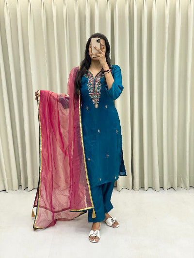 Blue Silk Hand Work Salwar Suit With Red Twill Dupatta