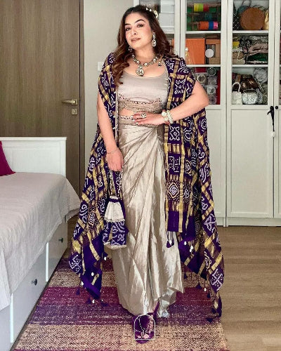 Taupe Blouse & Dhoti With Purple Bandhani Koti Set