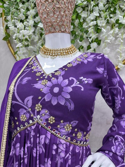 Purple Muslin Alia Cut Digital Print Salwar Suit Set