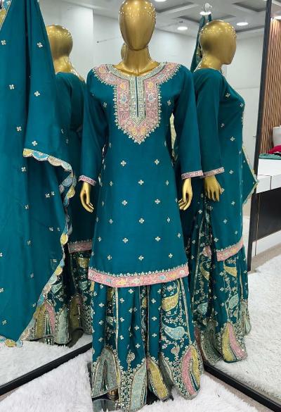 Turquoise Blue Thread Embroidered Sharara Palazzo Suit Set