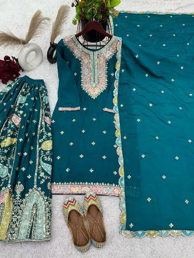 Turquoise Blue Thread Embroidered Sharara Palazzo Suit Set