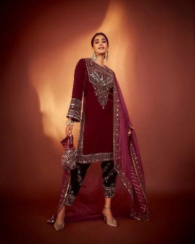 Wine Velvet Embroidery Mirror Work Suit Set