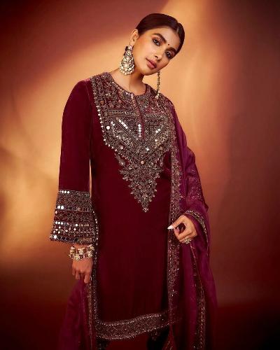 Wine Velvet Embroidery Mirror Work Suit Set