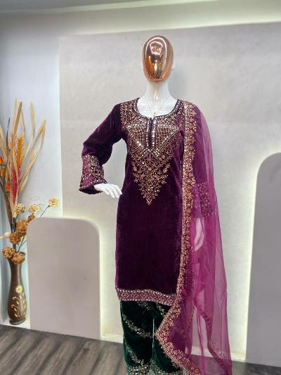 Wine Velvet Embroidery Mirror Work Suit Set