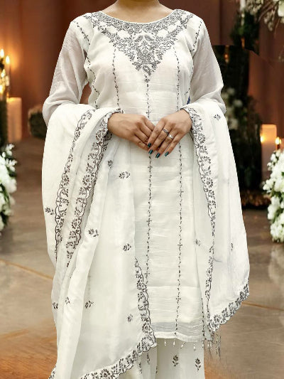 White Chic Crush Silk Salwar Suit Set with Lace Detailing & Embroidery