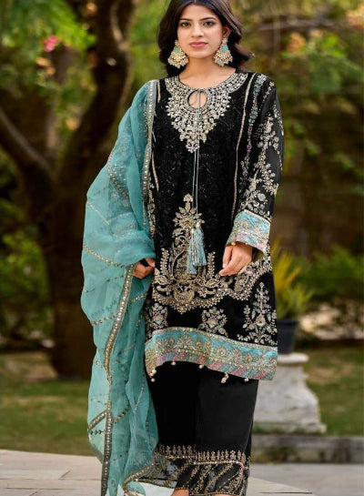 Black Velvet Salwar Suit with Intricate Sequence Work & Organza Dupatta