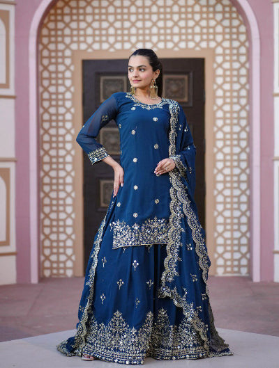 Teal Blue Georgette Exquisite Sequins Embroidery Lehenga Set