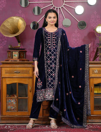 Deep Navy Blue Velvet Embroidery Salwar Suit Set