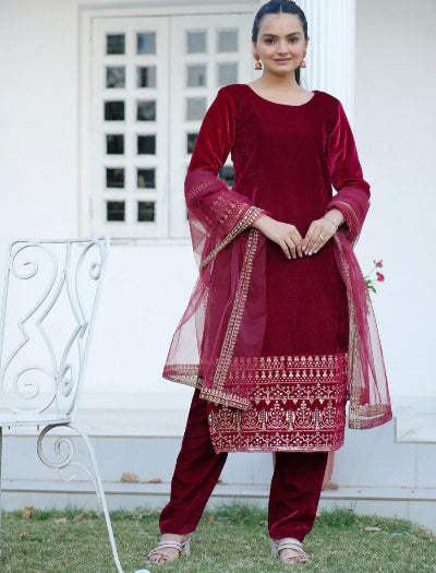 Classic Red Velvet Sequins Embroidery Salwar Suit Set