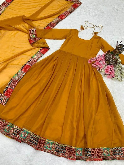 Honey Yellow Georgette Flair Anarkali Gown With Dupatta 2Pc
