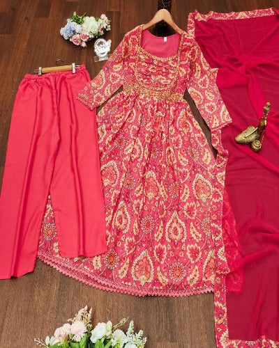 Dark Coral Pink Plus Size Anarkali Suit Set
