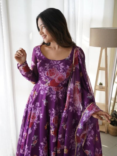 Purple Floral Soft Tabby Organza Silk Anarkali Suit Set