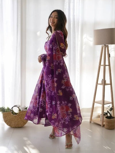 Purple Floral Soft Tabby Organza Silk Anarkali Suit Set