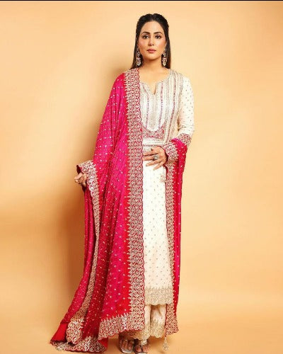 White Georgette Heavy Embroidered Salwar Suit With Red Dupatta
