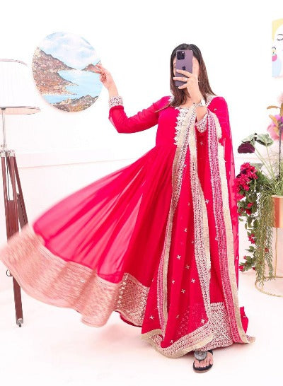 Deep Red Georgette Sequence Work Anarkali Gown With Dupatta 2Pc