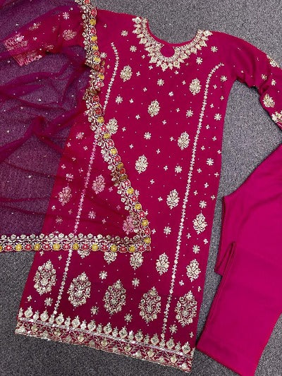 Magenta Pink Georgette Heavy Sequence Work Wedding Wear Suit Set