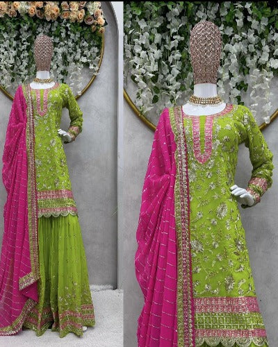 Parrot Green Georgette Sequence Work Sharara Suit Set