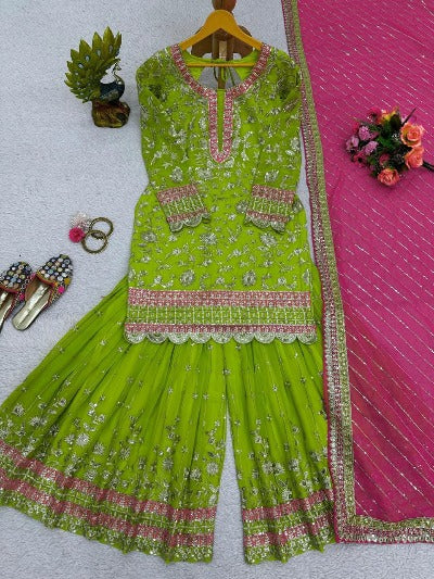 Parrot Green Georgette Sequence Work Sharara Suit Set