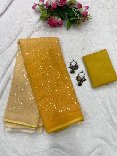 Yellow Dual Shade Georgette Bollywood Inspired Sequins Work Saree
