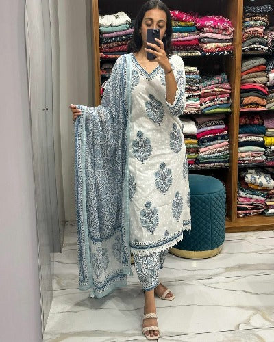 White With Blue Print Pure Cotton Afghani Style Suit Set