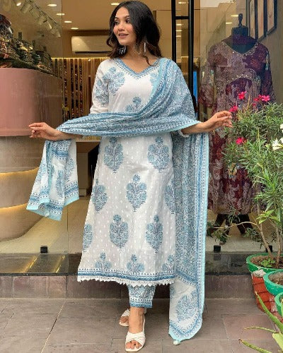 White With Blue Print Pure Cotton Afghani Style Suit Set